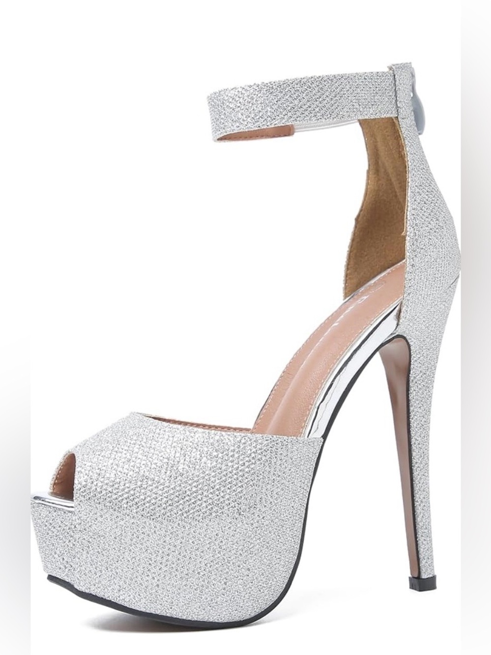 Silver Glitter Platform Peep Toe Stiletto Heels w/ ankle strap size 9